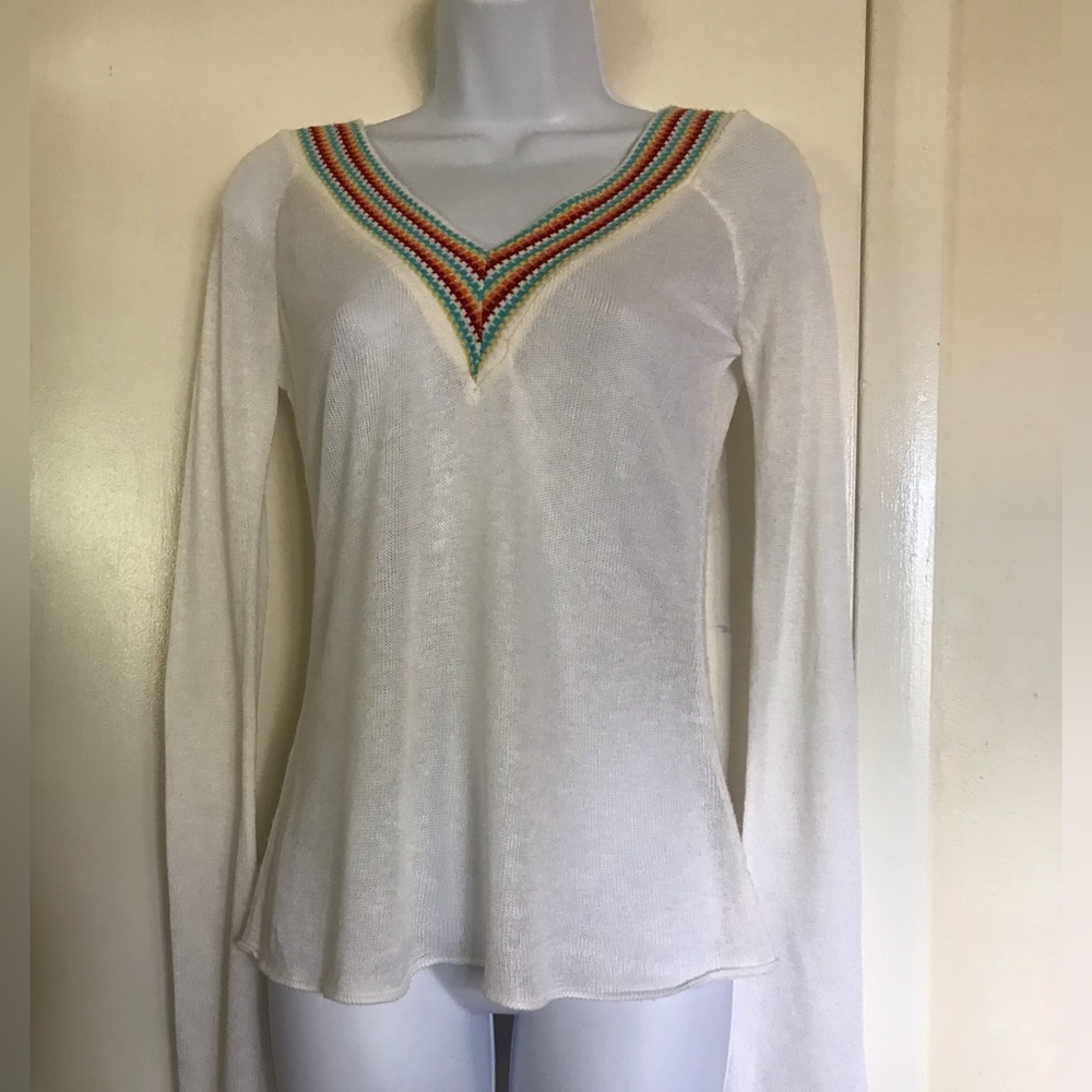 Bershka made in ITALY , size M , white crochet woman’s top long sleeves V neck